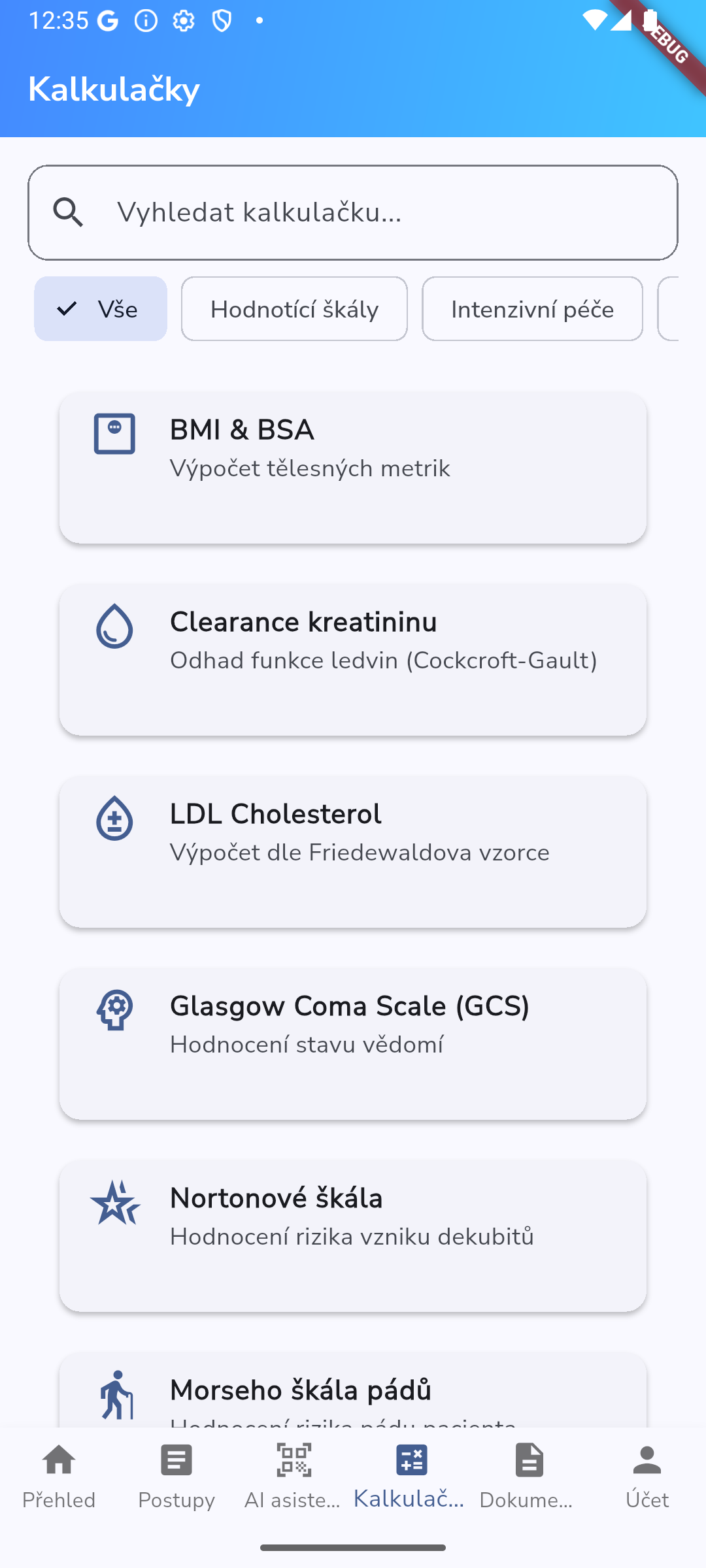 Náhled menu kalkulaček